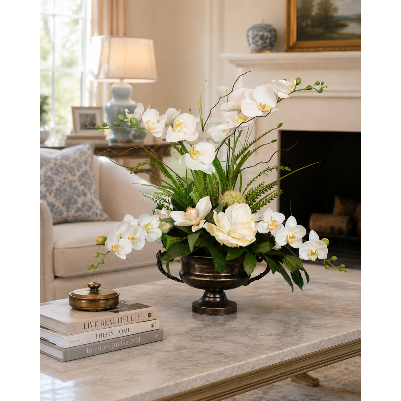 Primrue Grande White Orchids and Magnolia Silk Flower Centerpiece